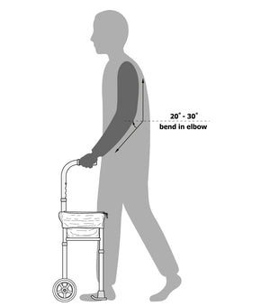 Gray shaded image of man holding Giraffe Rolling Cane with 20-30 degree bend in elbow